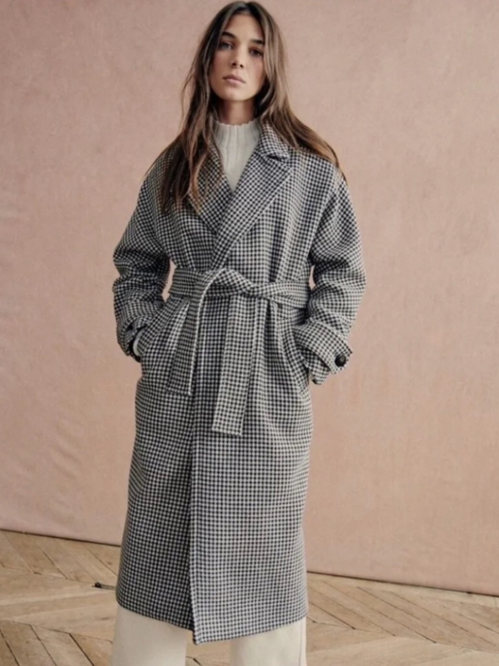 Sezane Marc Coat Black/White Houndstooth Wrap Sz US4/FR 36